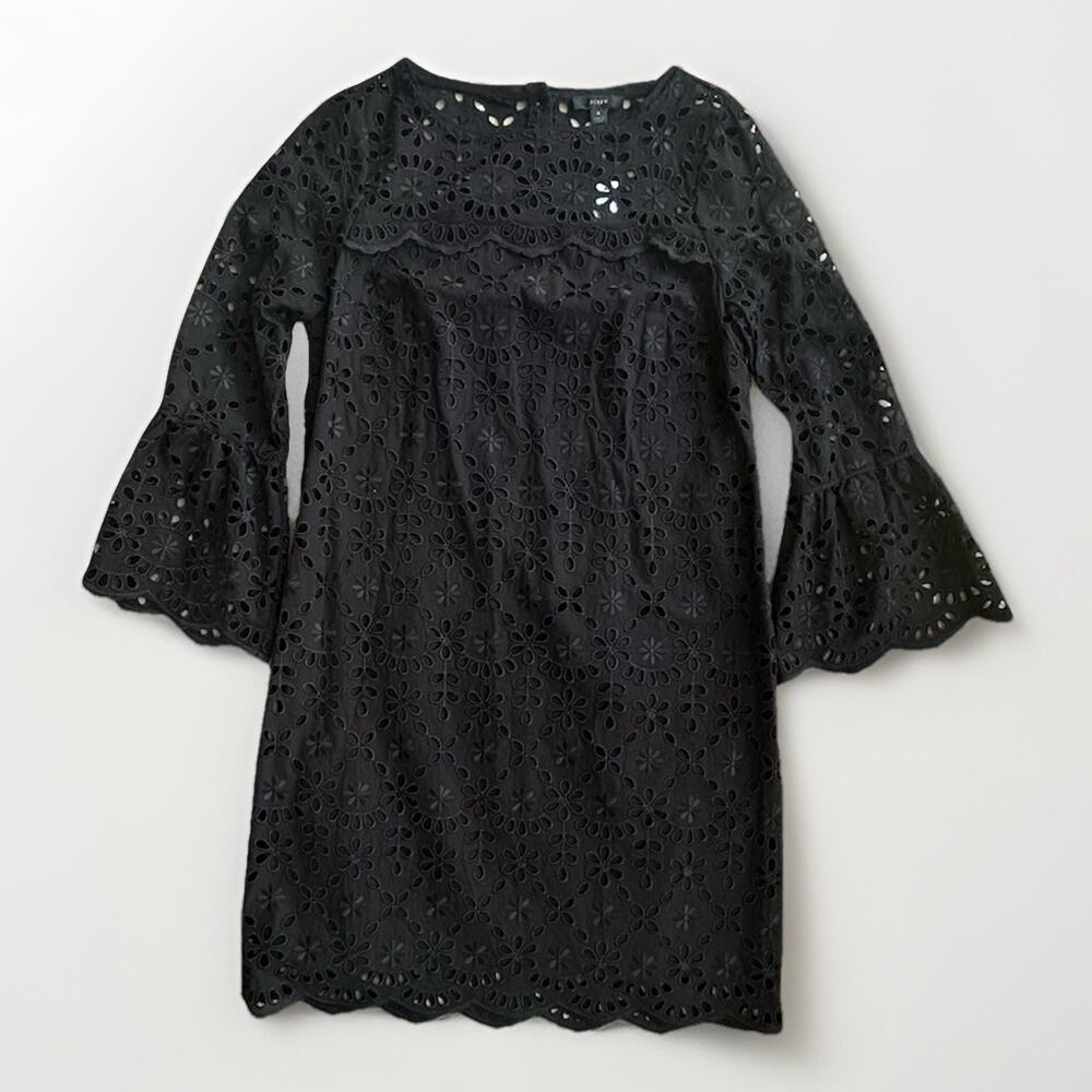 NWT J Crew Black Embroidered Shift Dress Sz 4 Eyelet Bell Sleeve Scalloped Lined - Picture 2 of 11